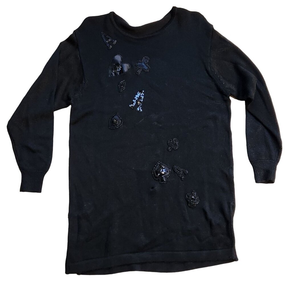 1990s Black Beaded Playing‎ Card Tunic Sweater Ace Queen King Retro Knit Top